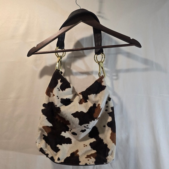 Braciano Cow Print Furry Hobo Shoulder Bag Gold Tone Hardware - Picture 3 of 9